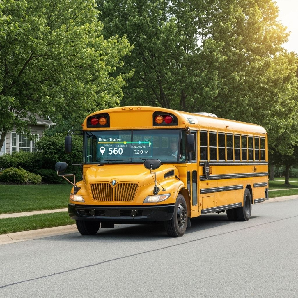 Modern school bus with GPS tracking technology and route optimization display