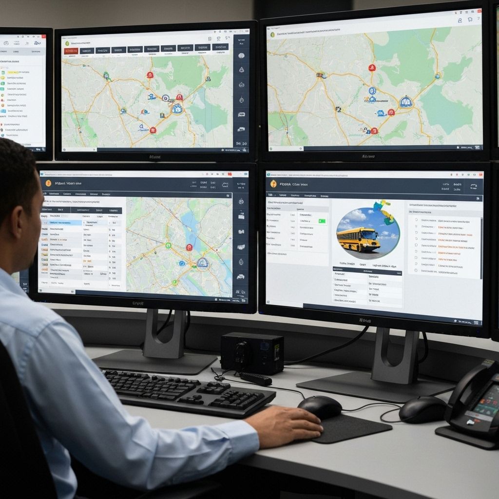 Professional transportation control center with multiple monitors showing fleet management